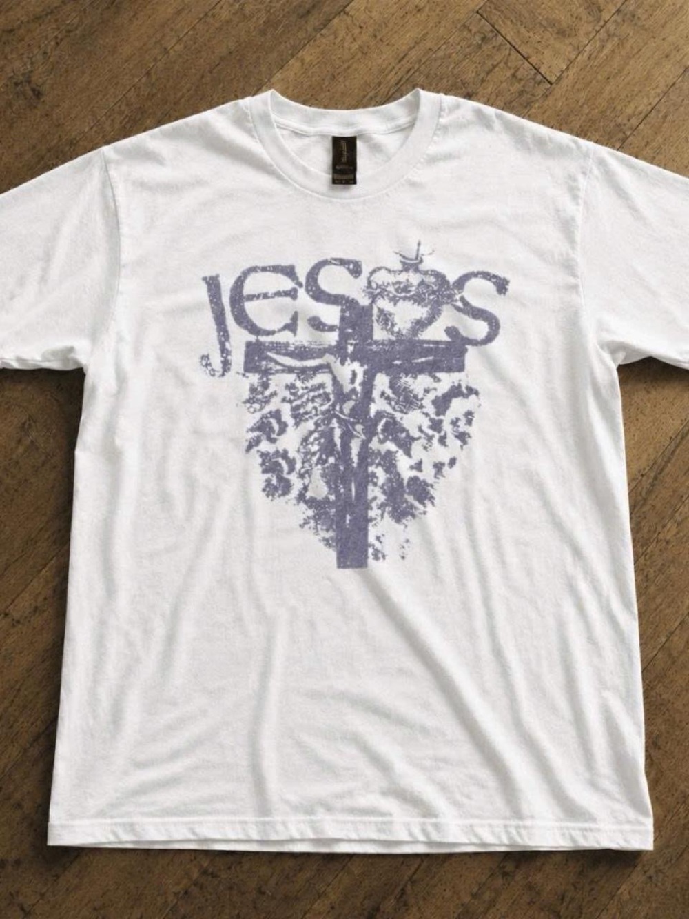Gildan White Short Sleeve Tee with Faded Lilac Jesus Cross Graphic